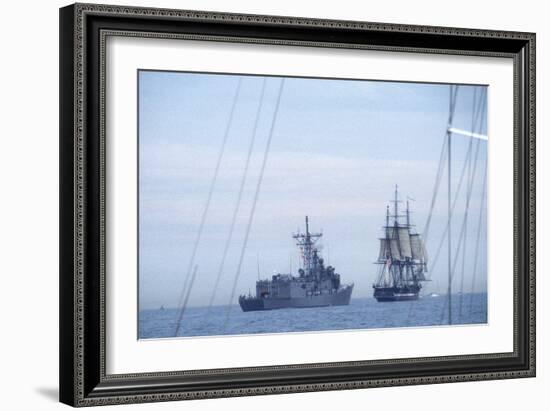 USS Constitution "Old Ironsides" Under Sail, Escorted by Modern US Navy Frigate, 1997-null-Framed Photographic Print