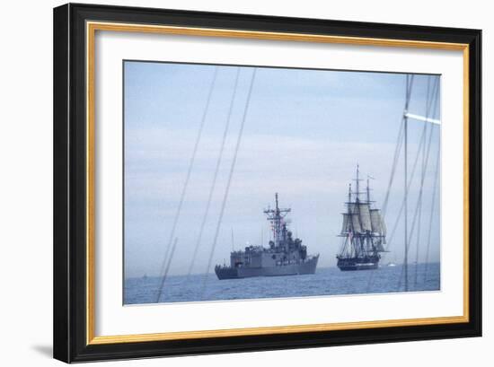 USS Constitution "Old Ironsides" Under Sail, Escorted by Modern US Navy Frigate, 1997-null-Framed Photographic Print