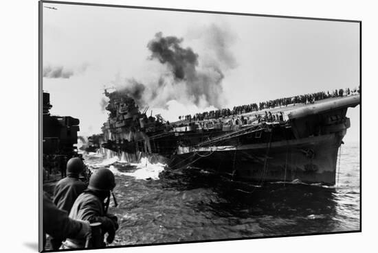 USS Franklin Aircraft Carrier on Fire and Listing after a Strike by a Japanese Dive Bomber-null-Mounted Photo