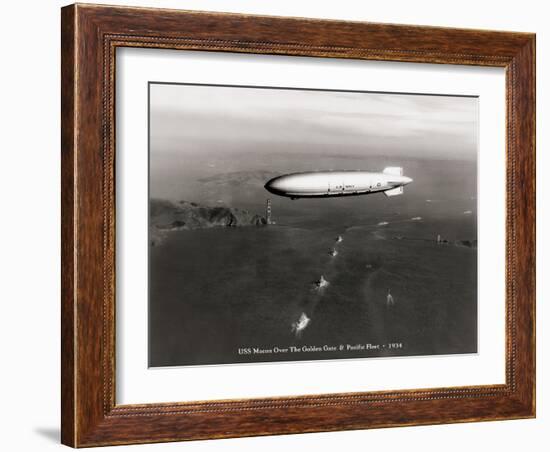 USS Macon over the Golden Gate and Pacific Fleet, 1934-Clyde Sunderland-Framed Art Print