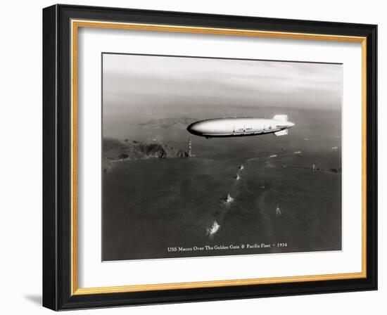 USS Macon over the Golden Gate and Pacific Fleet, 1934-Clyde Sunderland-Framed Art Print