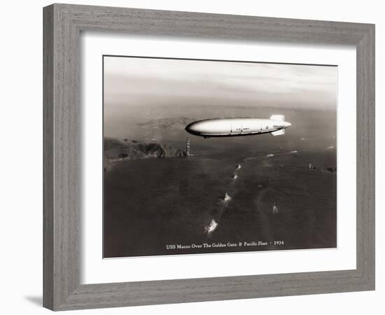 USS Macon over the Golden Gate and Pacific Fleet, 1934-Clyde Sunderland-Framed Art Print