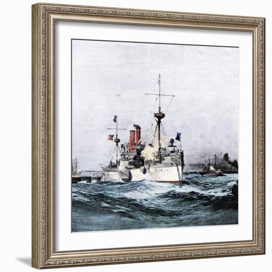 USS Maine Saluting the Spanish Flagship Upon Arrival in Havana Harbor, 1898-null-Framed Giclee Print