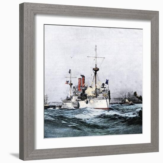 USS Maine Saluting the Spanish Flagship Upon Arrival in Havana Harbor, 1898-null-Framed Giclee Print