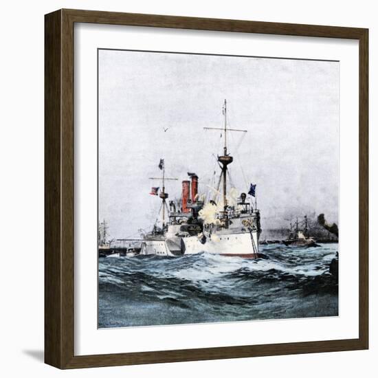 USS Maine Saluting the Spanish Flagship Upon Arrival in Havana Harbor, 1898-null-Framed Giclee Print