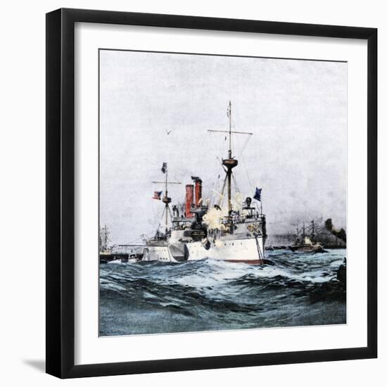 USS Maine Saluting the Spanish Flagship Upon Arrival in Havana Harbor, 1898-null-Framed Giclee Print