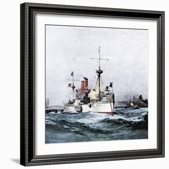 USS Maine Saluting the Spanish Flagship Upon Arrival in Havana Harbor, 1898-null-Framed Giclee Print