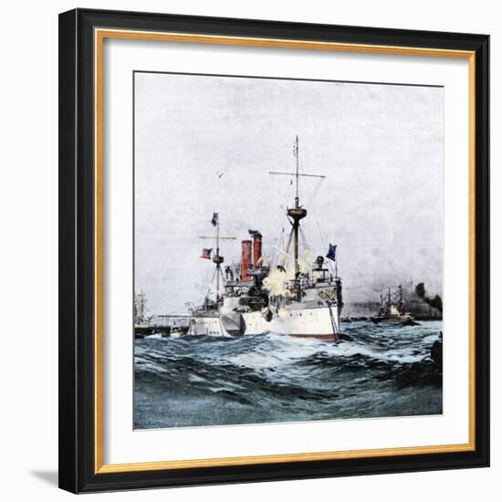 USS Maine Saluting the Spanish Flagship Upon Arrival in Havana Harbor, 1898-null-Framed Giclee Print