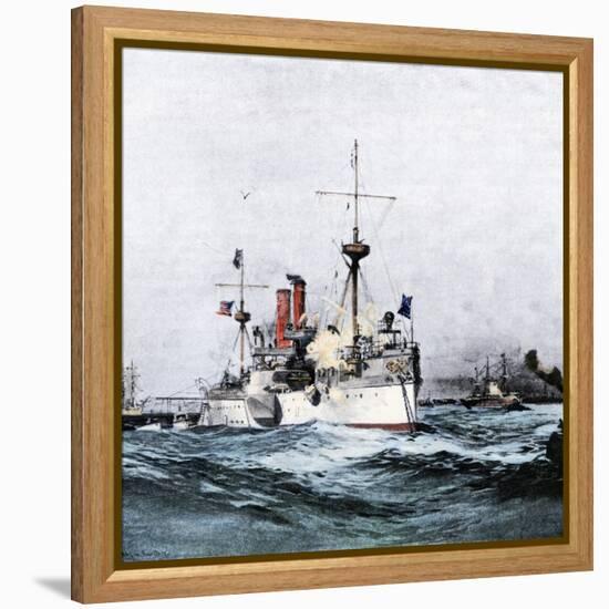 USS Maine Saluting the Spanish Flagship Upon Arrival in Havana Harbor, 1898-null-Framed Premier Image Canvas