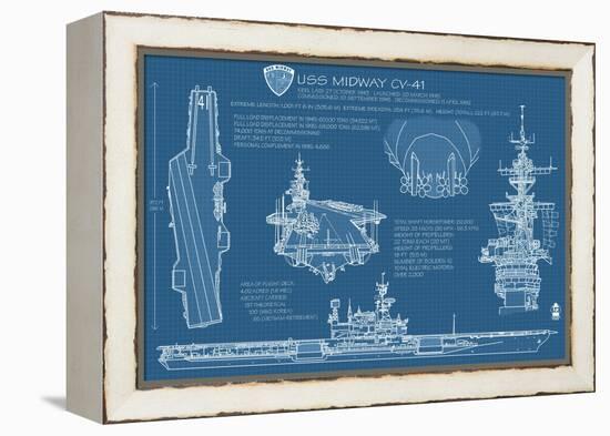 USS Midway Blue Print - San Diego, CA-Lantern Press-Framed Stretched Canvas