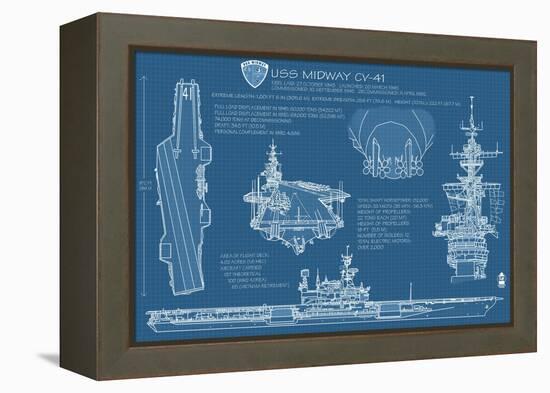 USS Midway Blue Print - San Diego, CA-Lantern Press-Framed Stretched Canvas