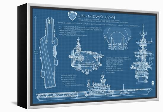 USS Midway Blue Print - San Diego, CA-Lantern Press-Framed Stretched Canvas