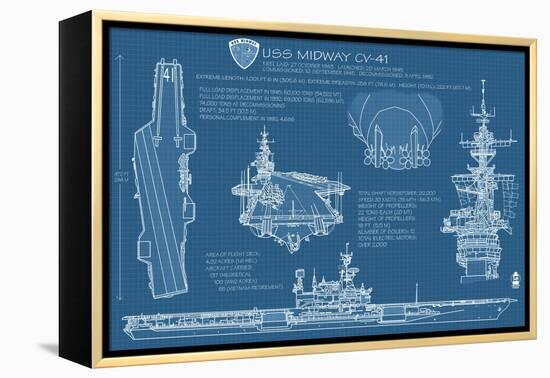 USS Midway Blue Print - San Diego, CA-Lantern Press-Framed Stretched Canvas