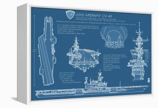 USS Midway Blue Print - San Diego, CA-Lantern Press-Framed Stretched Canvas