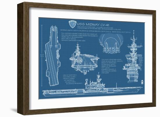 USS Midway Blue Print - San Diego, CA-Lantern Press-Framed Art Print