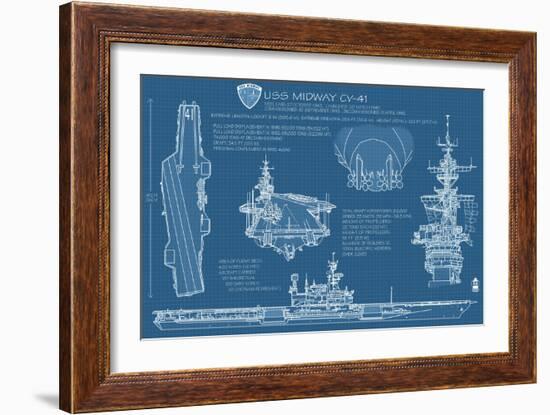 USS Midway Blue Print - San Diego, CA-Lantern Press-Framed Art Print