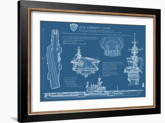 USS Midway Blue Print - San Diego, CA-Lantern Press-Framed Art Print