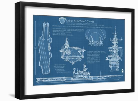 USS Midway Blue Print - San Diego, CA-Lantern Press-Framed Art Print