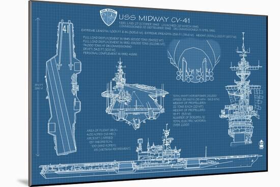 USS Midway Blue Print - San Diego, CA-Lantern Press-Mounted Art Print