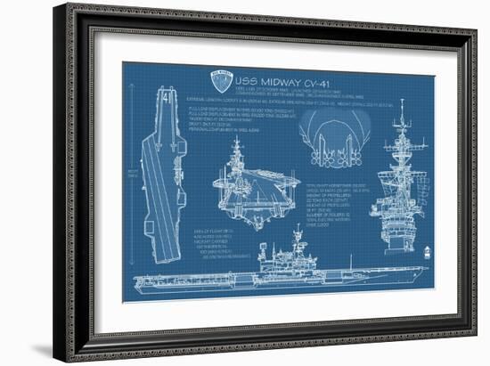 USS Midway Blue Print - San Diego, CA-Lantern Press-Framed Art Print