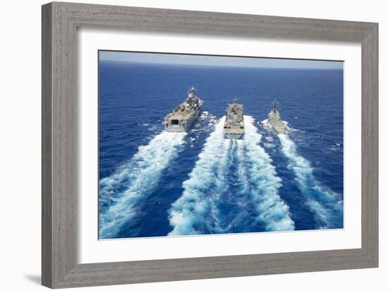 Uss Peleliu and USS Spruance Conduct a Replenishment at Sea with Usns Rainier-null-Framed Photographic Print