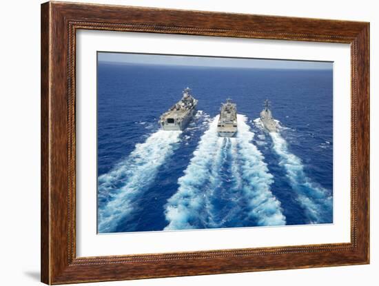 Uss Peleliu and USS Spruance Conduct a Replenishment at Sea with Usns Rainier-null-Framed Photographic Print