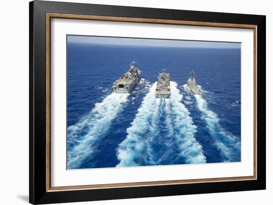 Uss Peleliu and USS Spruance Conduct a Replenishment at Sea with Usns Rainier-null-Framed Photographic Print