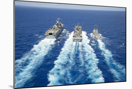 Uss Peleliu and USS Spruance Conduct a Replenishment at Sea with Usns Rainier-null-Mounted Photographic Print