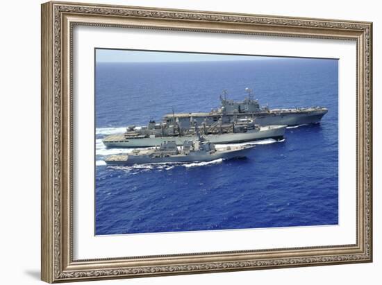 Uss Peleliu and USS Spruance Conduct a Replenishment at Sea with Usns Rainier-null-Framed Photographic Print