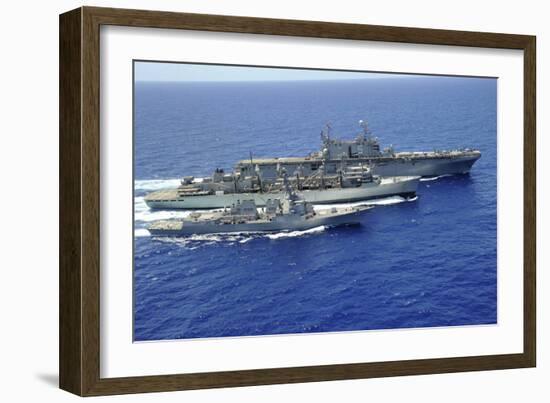 Uss Peleliu and USS Spruance Conduct a Replenishment at Sea with Usns Rainier-null-Framed Photographic Print