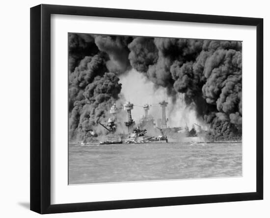 USS West Virginia and USS Tennessee Damaged or Sunk During Japanese Surprise Attack on Pearl Harbor-null-Framed Photographic Print