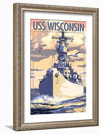 USS Wisconsin - Sunset Scene-Lantern Press-Framed Art Print