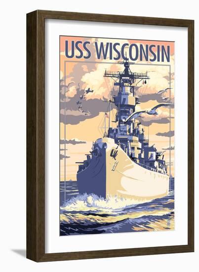 USS Wisconsin - Sunset Scene-Lantern Press-Framed Art Print