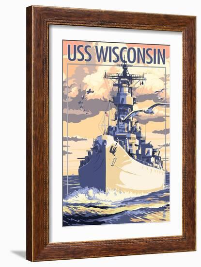 USS Wisconsin - Sunset Scene-Lantern Press-Framed Art Print