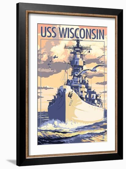 USS Wisconsin - Sunset Scene-Lantern Press-Framed Art Print