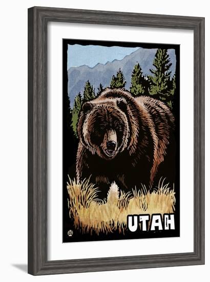 Utah - Grizzly Bear - Scratchboard-Lantern Press-Framed Art Print