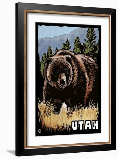 Utah - Grizzly Bear - Scratchboard-Lantern Press-Framed Art Print