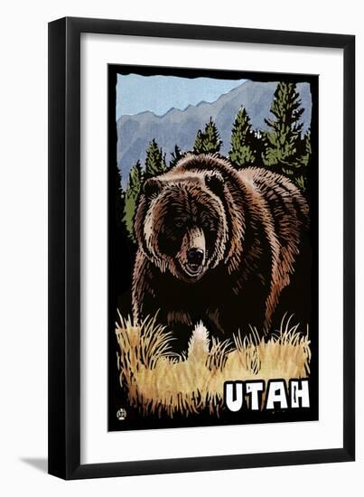 Utah - Grizzly Bear - Scratchboard-Lantern Press-Framed Art Print