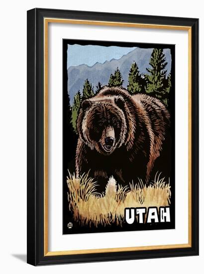 Utah - Grizzly Bear - Scratchboard-Lantern Press-Framed Art Print