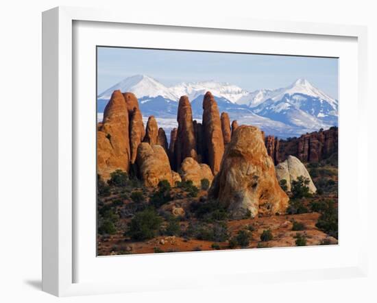 Utah, Mountains of Manti La Sal National Forest and Sandstone Pinnacles, Devils Garden-Christian Kober-Framed Photographic Print