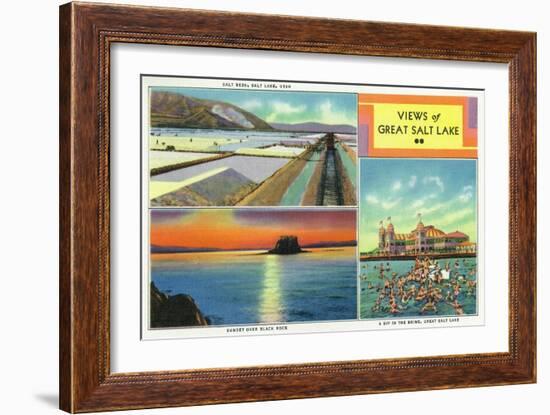 Utah, Scenic Views from Great Salt Lake, Salt Beds, Black Rock, Swimmers-Lantern Press-Framed Art Print