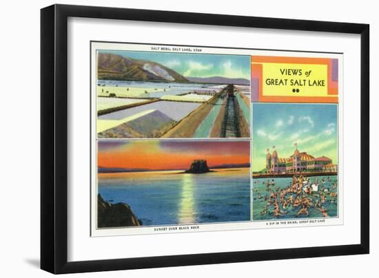 Utah, Scenic Views from Great Salt Lake, Salt Beds, Black Rock, Swimmers-Lantern Press-Framed Art Print