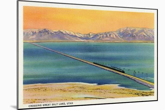 Utah - Train Crossing the Great Salt Lake, c.1937-Lantern Press-Mounted Art Print