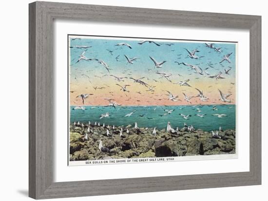 Utah, View of Sea Gulls Landing on the Great Salt Lake Shore-Lantern Press-Framed Art Print