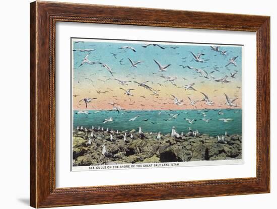 Utah, View of Sea Gulls Landing on the Great Salt Lake Shore-Lantern Press-Framed Art Print