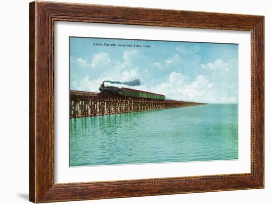 Utah, View of the Great Salt Lake Lucin Cut-off, Train on RR Bridge-Lantern Press-Framed Art Print