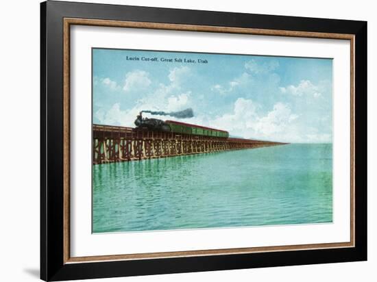 Utah, View of the Great Salt Lake Lucin Cut-off, Train on RR Bridge-Lantern Press-Framed Art Print