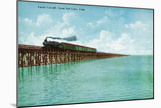 Utah, View of the Great Salt Lake Lucin Cut-off, Train on RR Bridge-Lantern Press-Mounted Art Print