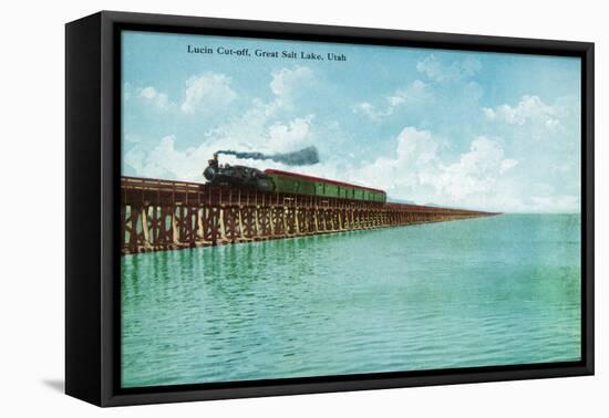 Utah, View of the Great Salt Lake Lucin Cut-off, Train on RR Bridge-Lantern Press-Framed Stretched Canvas