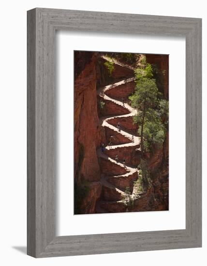 Utah, Zion National Park, Hikers on Walters Wiggles Zigzag-David Wall-Framed Photographic Print